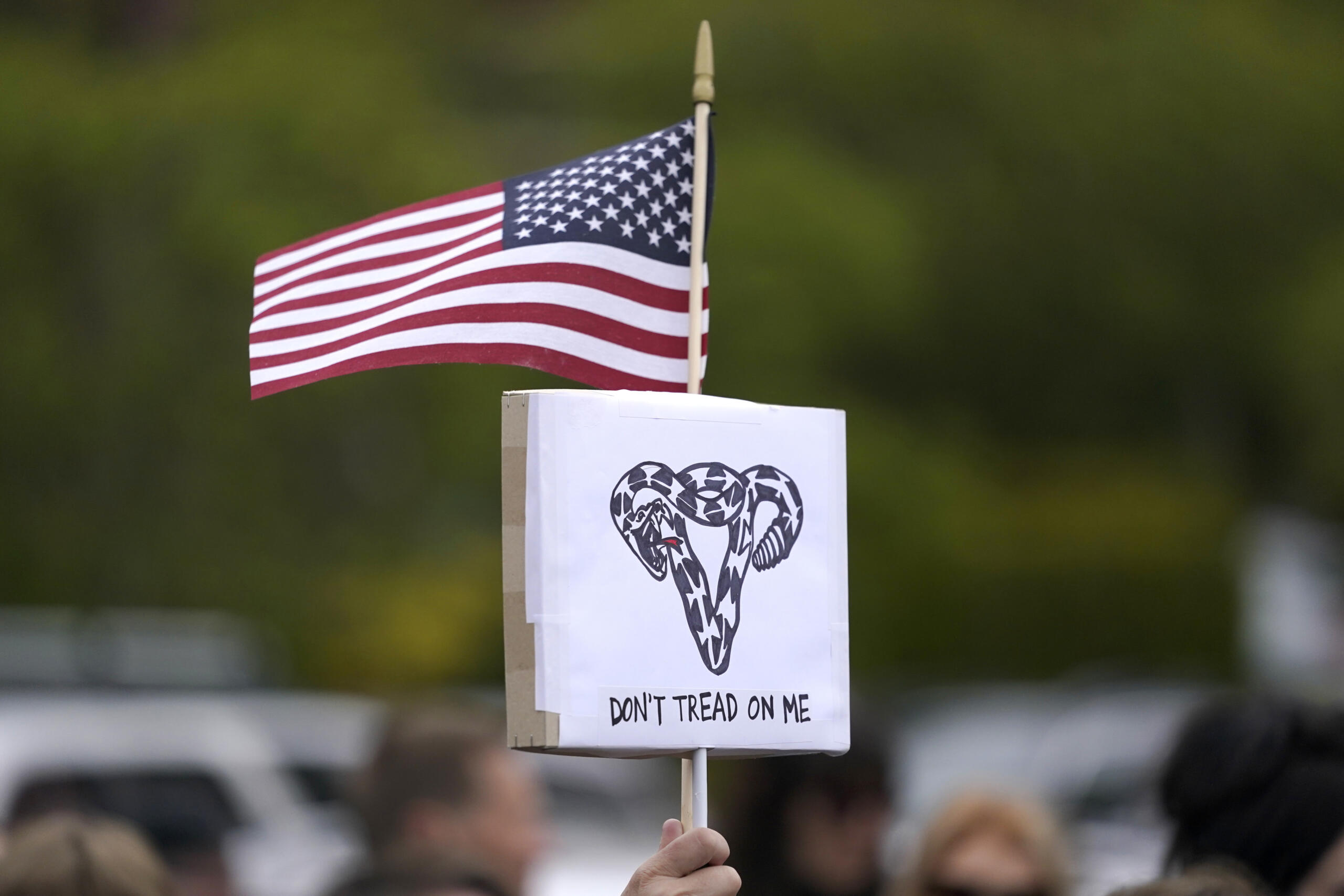A person holds a sign that reads "Don't Tread On Me" with a uterus-shaped snake and an American  flag, Tuesday, May 3, 2022, during a rally at a park in Seattle in support of abortion rights. (AP Photo/Ted S.