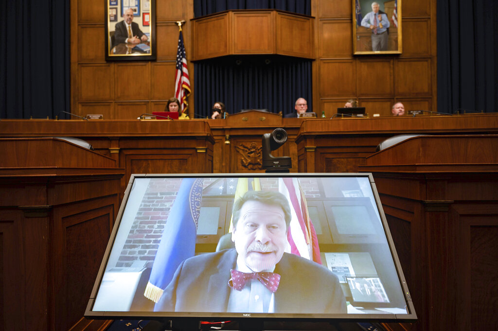 Food and Drug Administration Commissioner Robert Califf testifies via video during a House Commerce Oversight and Investigations subcommittee hybrid hearing on the nationwide baby formula shortage on Wednesday, May 25, 2022, in Washington.