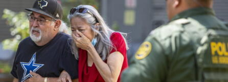 A woman cries as she leaves the Uvalde Civic Center, Tuesday May 24, 2022, in Uvalde, Texas An 18-year-old gunman opened fire Tuesday at a Texas elementary school, killing multiple children and a teacher and wounding others, Gov. Greg Abbott said, and the gunman was dead.