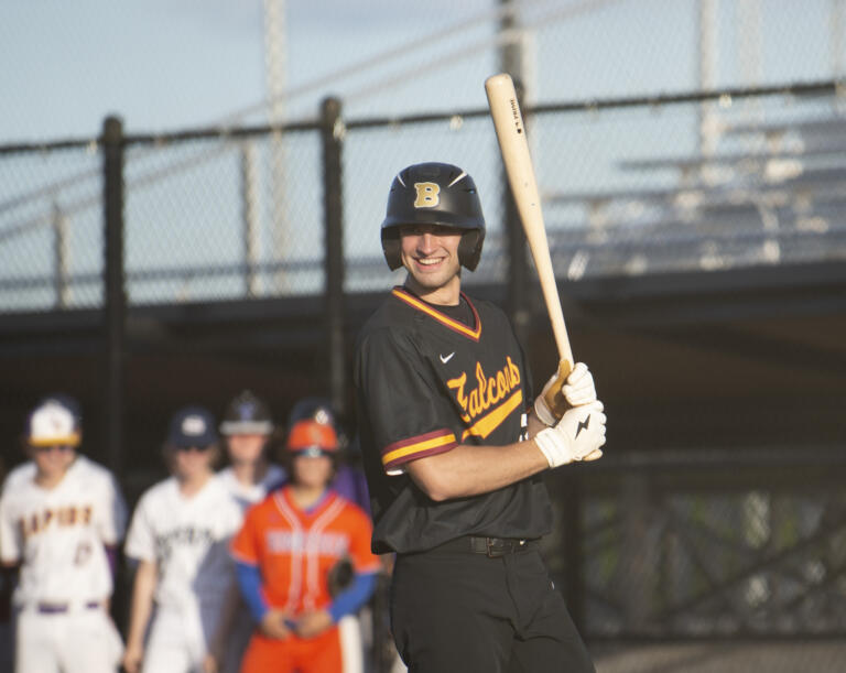 Prairie's Reece Walling smiles at the opposing dugout after attempting a bunt during the Clark County Baseball All-Star series at the Ridgefield Outdoor Recreation Center on Tuesday, May 31, 2022.
