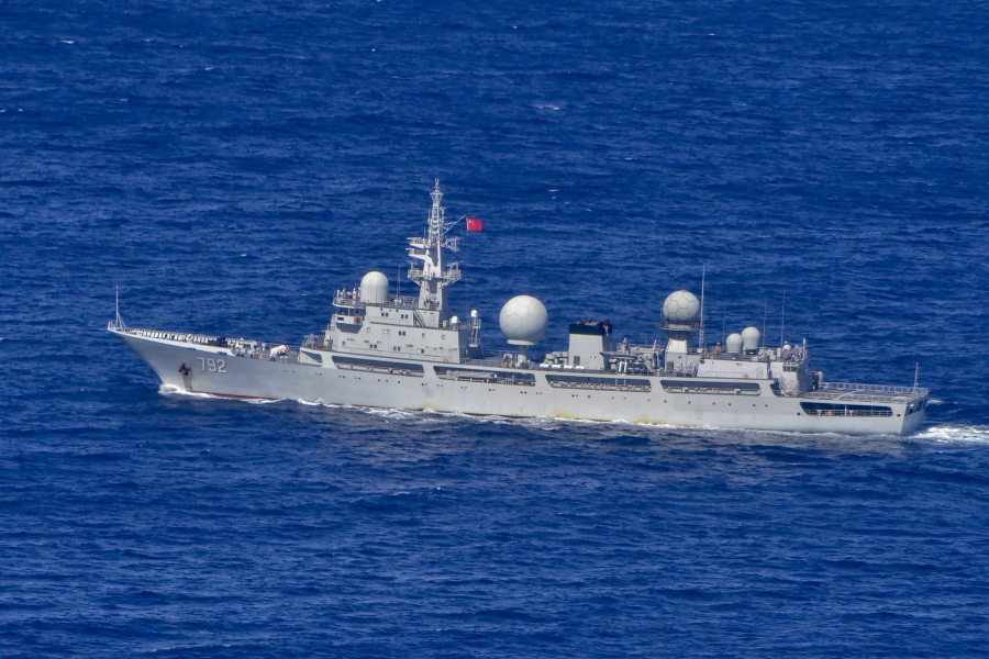 In this image supplied by the Australian Department of Defence, Chinese People's Liberation Army-Navy (PLA-N) Intelligence Collection Vessel Haiwangxing operating off the north-west shelf of Australia, Wednesday, May 11, 2022. Australian Minister of Defence Peter Dutton said Friday, May 13, 2022, that the Chinese warship with spying capabilities had been hugging the western coastline in what amounted to an "aggressive act." (Australian Defence Dept.