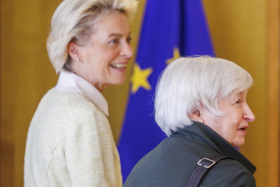US Treasury Secretary Janet Yellen, right, is welcomed by President of the EU Commission Ursula von der Leyen in Brussels, Tuesday, May 17, 2022. Secretary Yellen earlier today addressed the Brussels Economic Forum about the way forward for the global economy in the wake of Russia's brutal war against Ukraine, and discussed the unmet challenges that would benefit from multilateral cooperation in the years ahead.