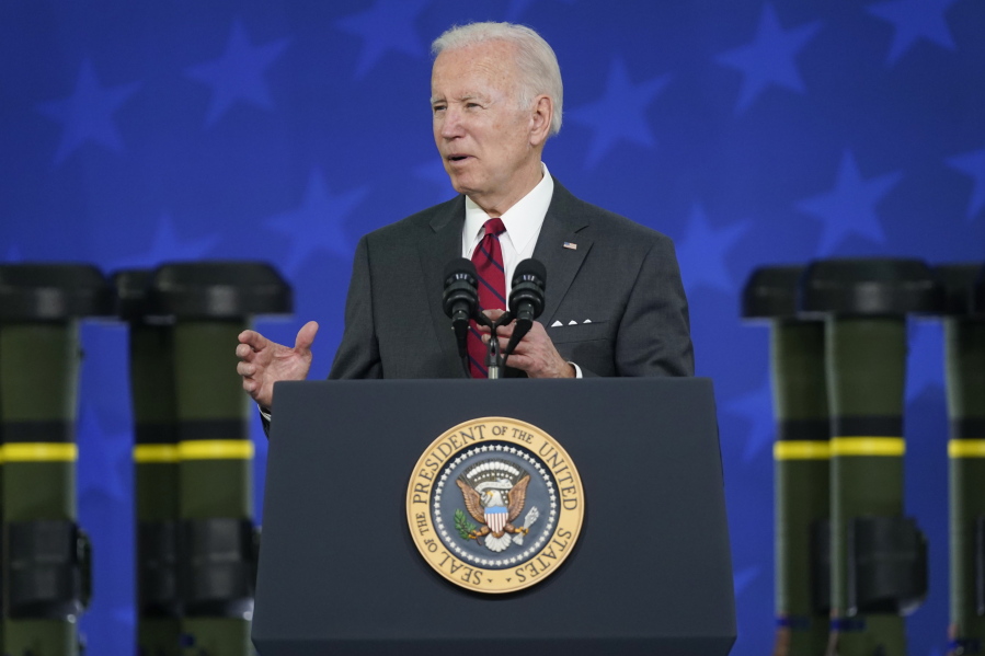 President Joe Biden speaks on security assistance to Ukraine during a visit to the Lockheed Martin Pike County Operations facility where they manufacture Javelin anti-tank missiles, Tuesday, May 3, 2022, in Troy, Ala.