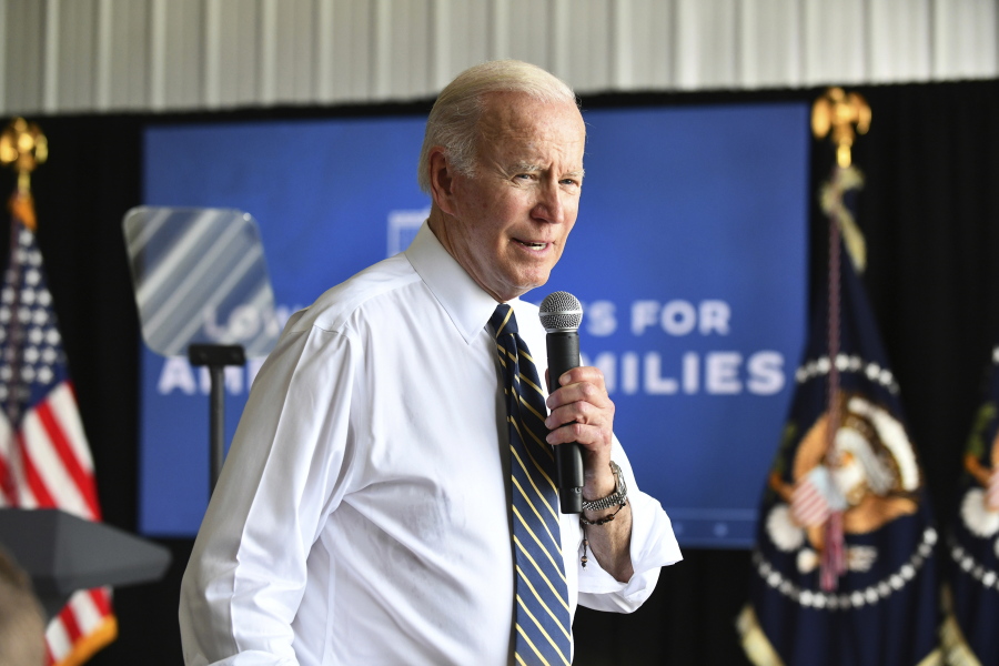President Joe Biden speaks to Kankakee County representatives, Illinois officials and area residents in attendance Wednesday during a visit to Jeff O'Connor's farm in Kankakee, Ill., Wednesday, May 11, 2022.