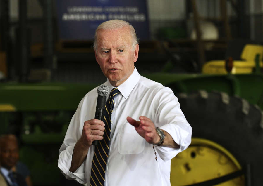 President Joe Biden speaks during a visit to Jeff O'Connor's farm in Kankakee, Ill., Wednesday, May 11, 2022.