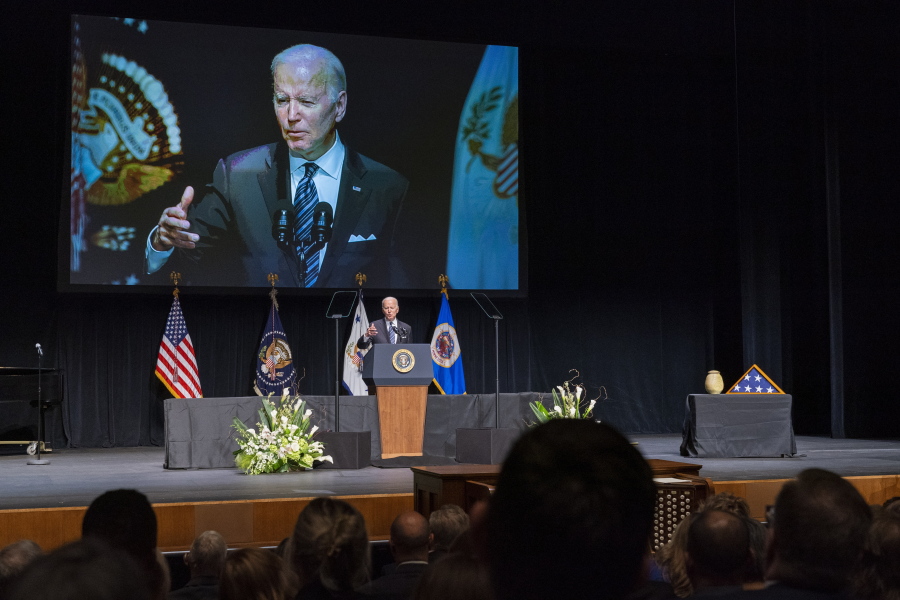 President Joe Biden speaks at the memorial service for former Vice President Walter Mondale, Sunday, May 1, 2022, at the University of Minnesota in Minneapolis.