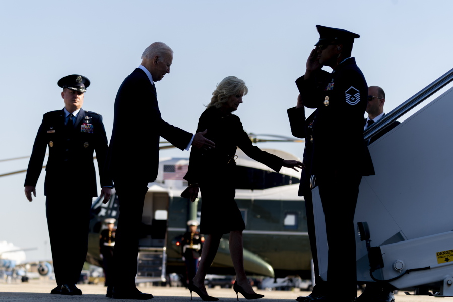 President Joe Biden and first lady Jill Biden board Air Force One at Washington, Md., Tuesday, May 17, 2022, to travel to Buffalo, N.Y., to pay their respects and speak to families of the victims of Saturday's shooting at a supermarket.
