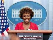 White House press secretary Karine Jean-Pierre laughs during her first press briefing as press secretary at the White House in Washington, Monday, May 16, 2022.