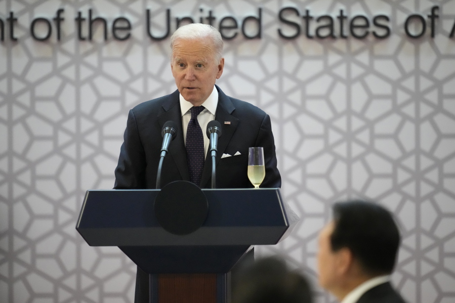 U.S. President Joe Biden delivers a speech during the state dinner hosted by South Korean President Yoon Suk Yeol at the National Museum of Korea, in Seoul, South Korea, Saturday, May 21, 2022.