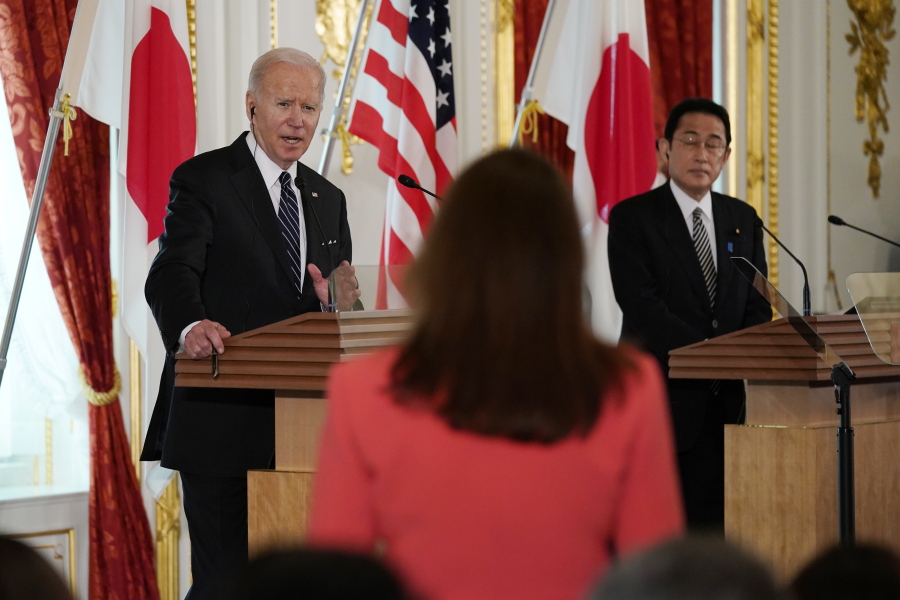 President Joe Biden speaks during a news conference with Japanese Prime Minister Fumio Kishida at Akasaka Palace, Monday, May 23, 2022, in Tokyo.
