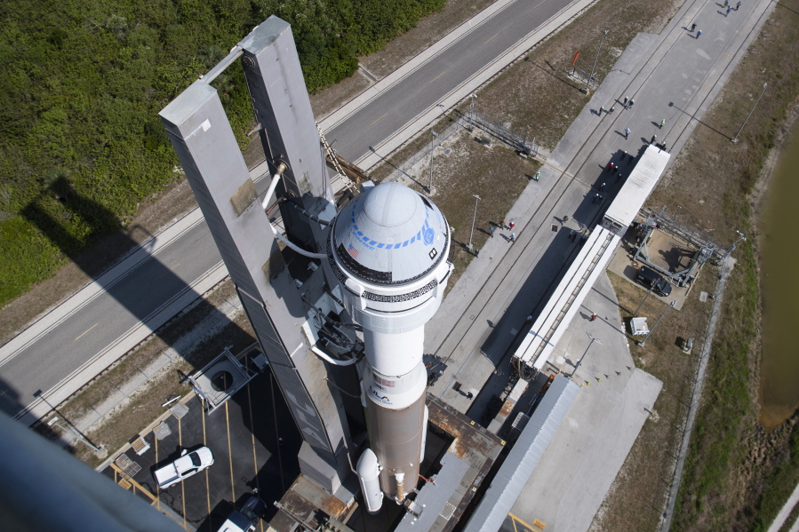 A United Launch Alliance Atlas V rocket with Boeing's CST-100 Starliner spacecraft is rolled out of the Vertical Integration Facility to the launch pad at Space Launch Complex 41 ahead of the Orbital Flight Test-2 (OFT-2) mission, Wednesday, May 18, 2022 at Cape Canaveral Space Force Station in Florida. The launch is scheduled for Thursday evening.