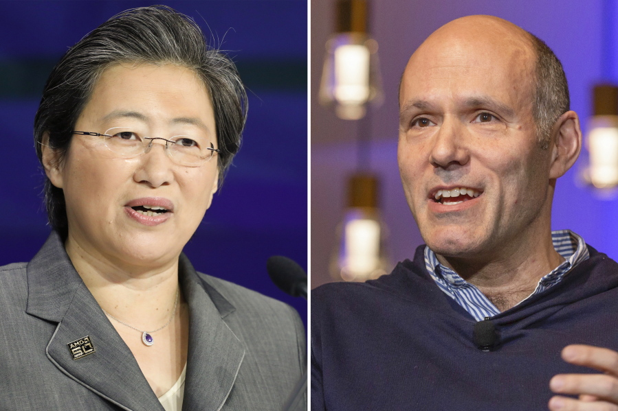 This combination photo shows the highest paid female and male CEOs of 2021, from left, Lisa Su of Advanced Micro Devices and Peter Kern of Expedia Group.