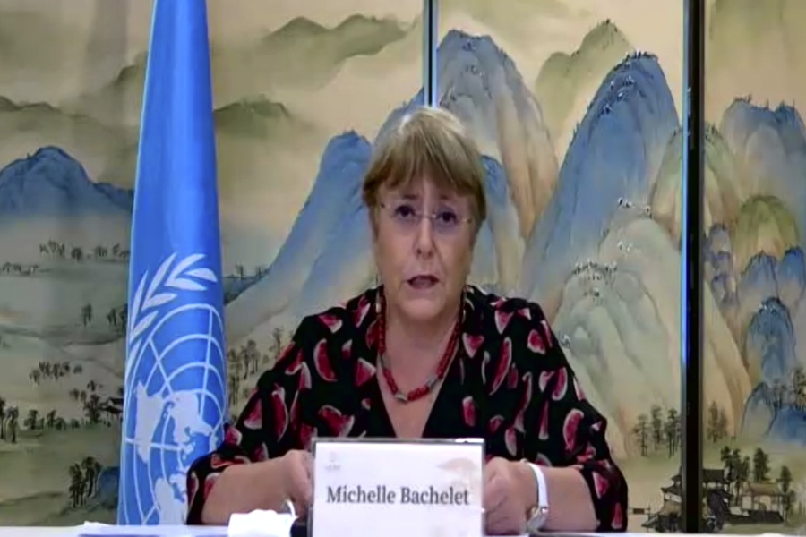 In this image made from online video, United Nations High Commissioner for Human Rights Michelle Bachelet speaks during an online press conference in Guangzhou in southern China's Guangdong Province, Saturday, May 28, 2022. Bachelet is on a six-day visit to China that includes Xinjiang, a region where the Chinese government has been accused of human rights violations.