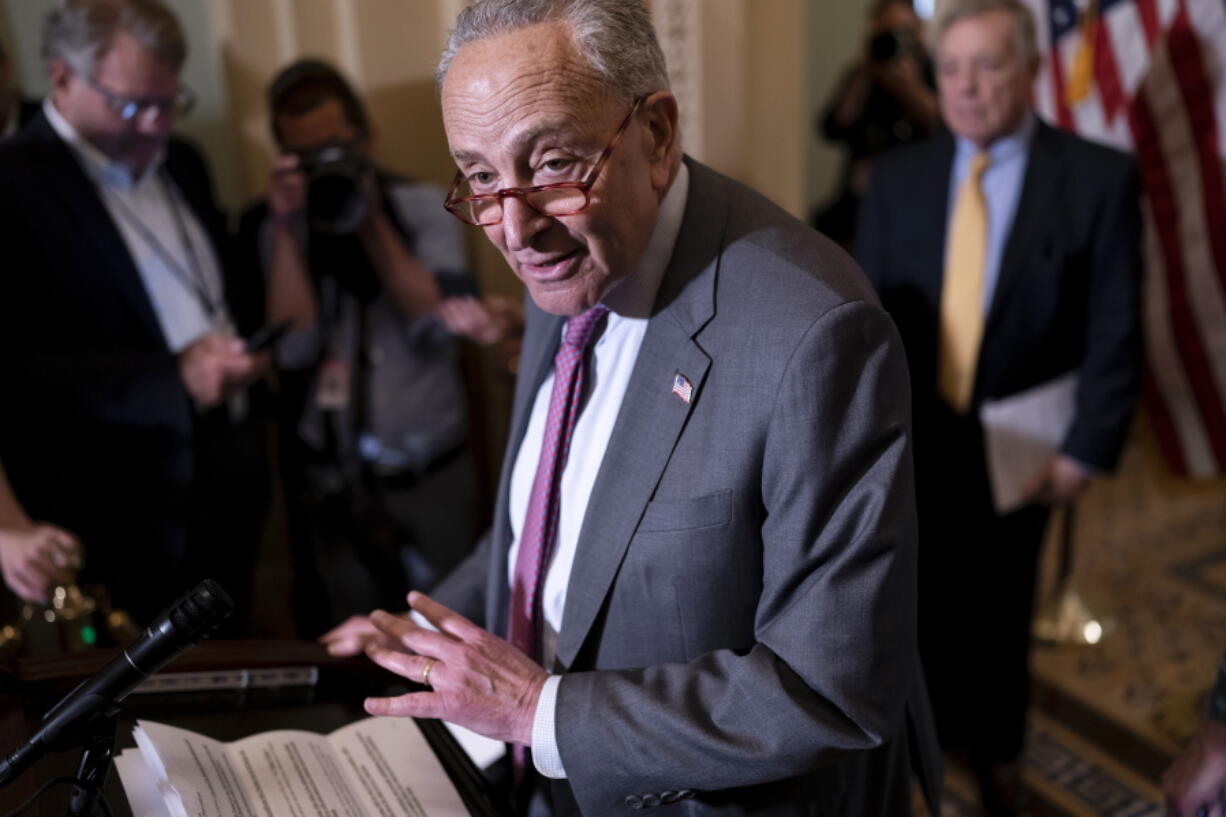Senate Majority Leader Chuck Schumer, D-N.Y., takes a question during a news conference following a closed-door policy lunch, at the Capitol in Washington, Tuesday, May 24, 2022. (AP Photo/J.