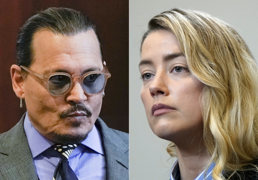 This combination of two separate photos shows actors Johnny Depp, and Amber Heard in the courtroom at the Fairfax County Circuit Court in Fairfax, Va., on May 4, 2022.
