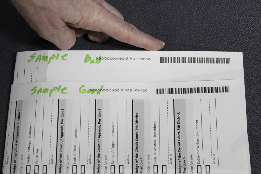 An election worker at the Clackamas County Elections office shows barcodes on ballots that is bad, top, and good on Thursday, May 19, 2022, Oregon City, Ore. Ballots with blurry barcodes that can't be read by vote-counting machines will delay election results by weeks in a key U.S. House race in Oregon's primary.