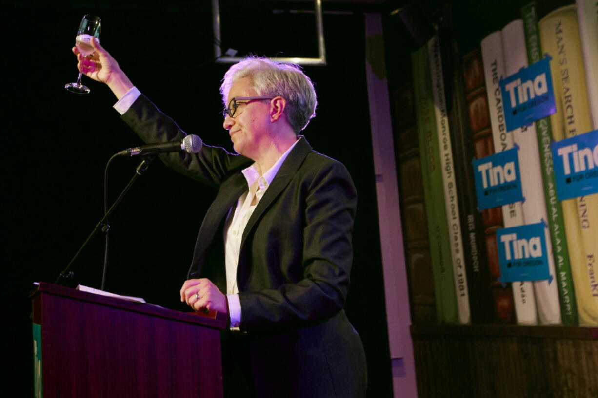 Democratic gubernatorial candidate Tina Kotek toasts her supporters after the results of Oregon's primary election are announced in Portland, Ore., Tuesday May 17, 2022. Kotek defeated Tobias Read to win the nomination.