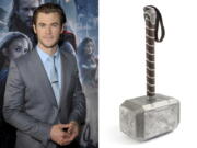 This combination photo shows actor Chris Hemsworth at the U.S. premiere of his film "Thor: The Dark World" in Los Angeles on Nov. 4, 2013, left, and a photo of the hammer from the film which will be going up for action July 15 through July 17 at Julien's Auctions.