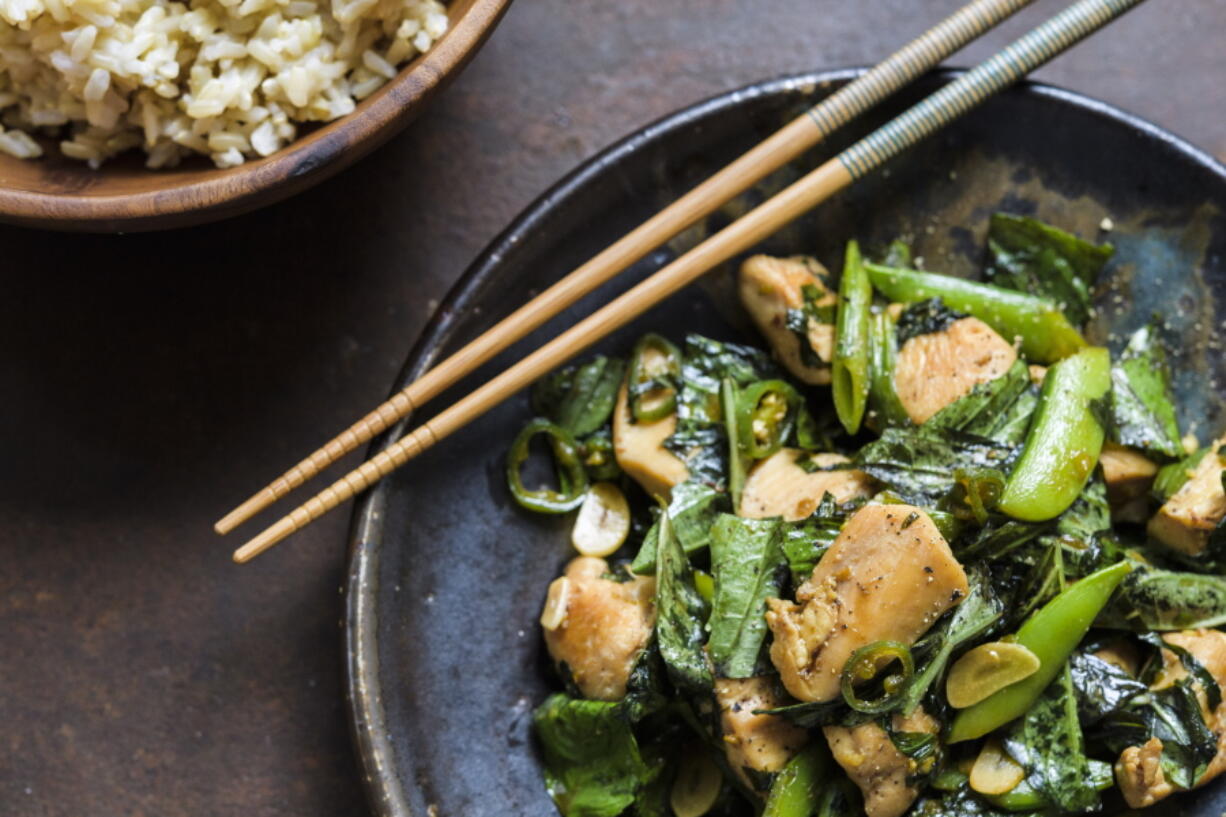Stir-Fried Chicken With Snap Peas and Basil.