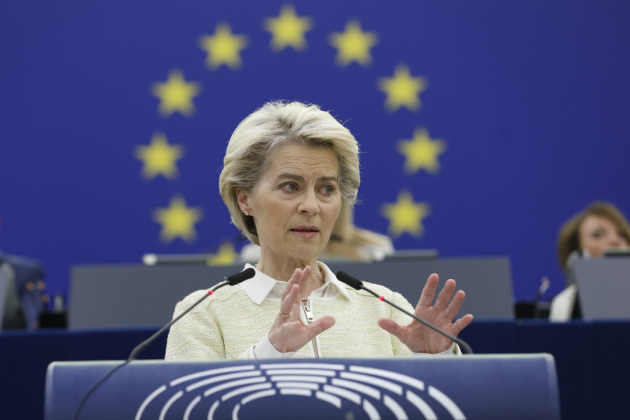European Commission President Ursula von der Leyen delivers her speech during a debate on the social and economic consequences for the EU of the Russian war in Ukraine, Wednesday, May 4, 2022 at the European Parliament in Strasbourg, eastern France.