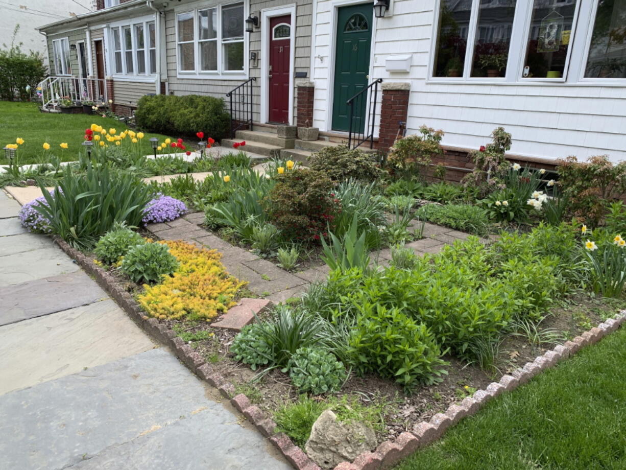 A rowhouse in New Rochelle, N.Y., has a front yard full of flowers and other plants, while neighboring houses have lawns of grass. Many people are converting parts of their lawns into planting beds for a variety of flowers, perennials and edible plants.
