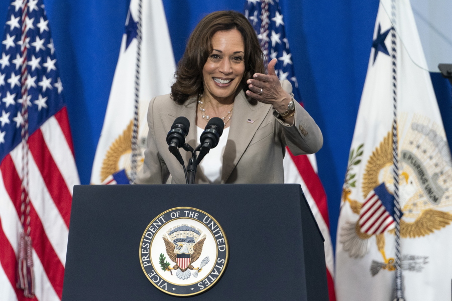 Vice President Kamala Harris speaks about electric school buses, during an event at Meridian High School in Falls Church, Va., Friday, May 20, 2022.