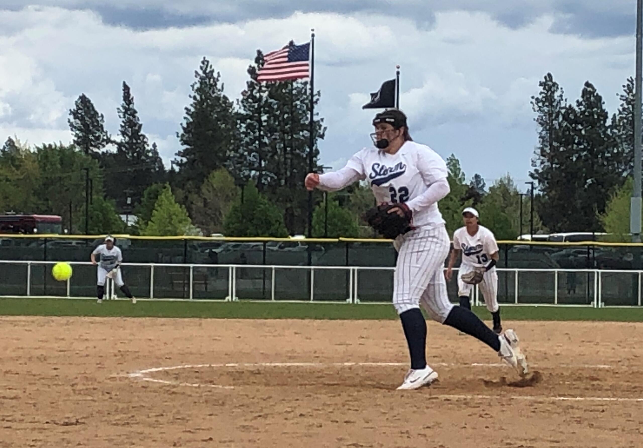 Skyview pitcher Maddie Milhorn throws against Battle Ground in the Class 4A state quarterfinals in Spokane on Friday, May 27, 2022.
