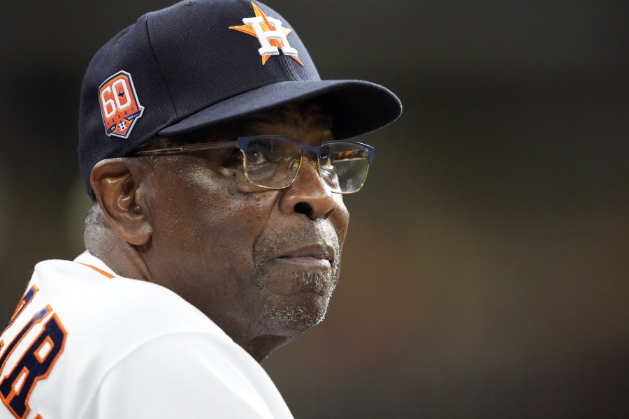 Houston Astros manager Dusty Baker Jr. looks at the scoreboard during the second inning of a baseball game against the Seattle Mariners Tuesday, May 3, 2022, in Houston. (AP Photo/David J. Phillip) (David J.