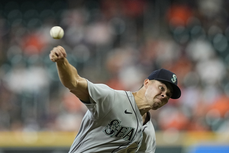 Seattle Mariners starting pitcher Matt Brash throws during the first inning of a baseball game against the Houston Astros Wednesday, May 4, 2022, in Houston. (AP Photo/David J.