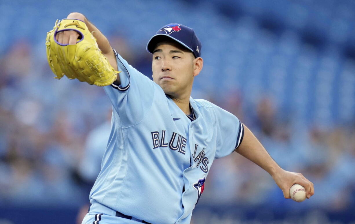 Toronto Blue Jays starting pitcher Yusei Kikuchi (16) allowed just one hit over six innings against his former team, the Seattle Mariners, on Monday in Toronto.