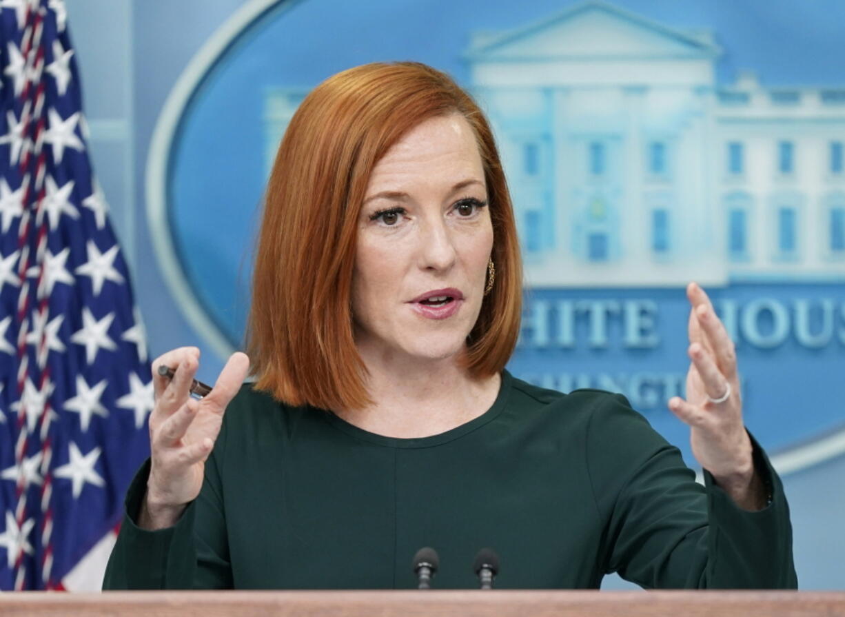 FILE - White House press secretary Jen Psaki speaks during a press briefing at the White House in Washington on March 9, 2022. Psaki has officially landed at MSNBC, where she is expected to make appearances on the network's cable and streaming programs as well as host a new original show. Psaki will also appear on NBC and during MSNBC's primetime special election programming throughout the midterms and 2024 presidential election.