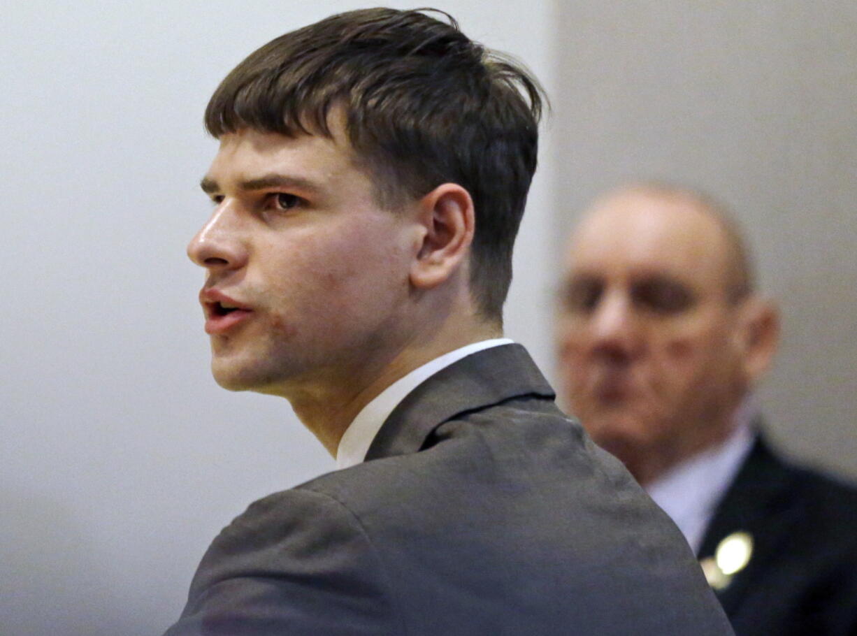 FILE - Nathan Carman, accused by family members of killing his millionaire grandfather and possibly his mother in an attempt to collect inheritance money, speaks during a probate hearing in district court in Concord, N.H., April 3, 2018. Nearly six years after Carman told authorities his mother drowned at sea off the coast of New England, he has been indicted in her killing.