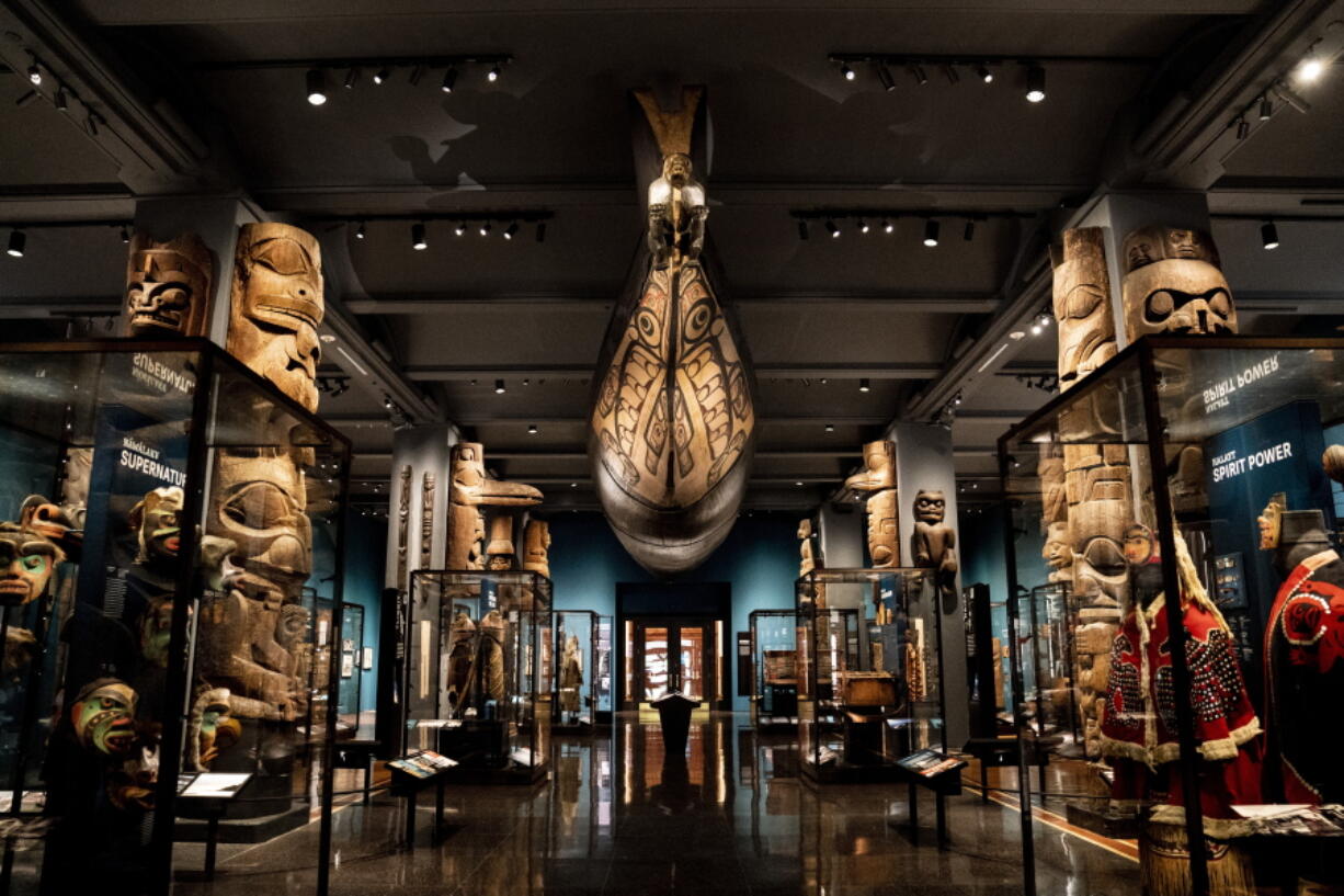 Artifacts, dioramas and representations of Native American culture from the northwest coast of North America are displayed Tuesday at the American Museum of Natural History in New York.