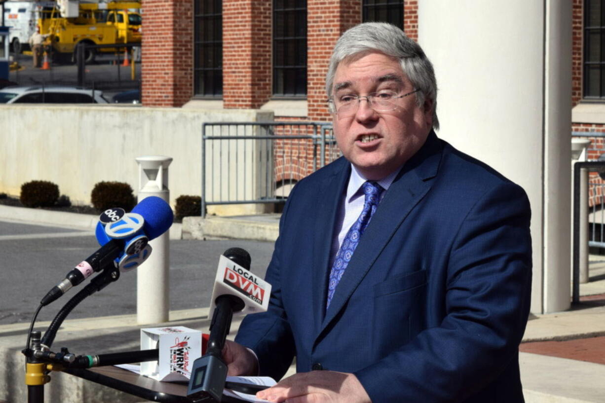 FILE - In this Feb. 19, 2019, file photo, West Virginia Attorney General Patrick Morrisey speaks at a news conference in Martinsburg, W.Va. Attorneys for the state of West Virginia and two remaining pharmaceutical manufacturers have reached a tentative $161.5 million settlement just as closing arguments were set to begin in a seven-week trial over the opioid epidemic, Attorney General Patrick Morrisey said Wednesday, May 25, 2022.