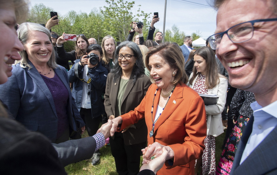 Speaker of the U.S. House of Representatives Nancy Pelosi thanks attendees following an Infrastructure Investment and Jobs Act press conference Wednesday in front of the Chambers Creek Dam in University Place.