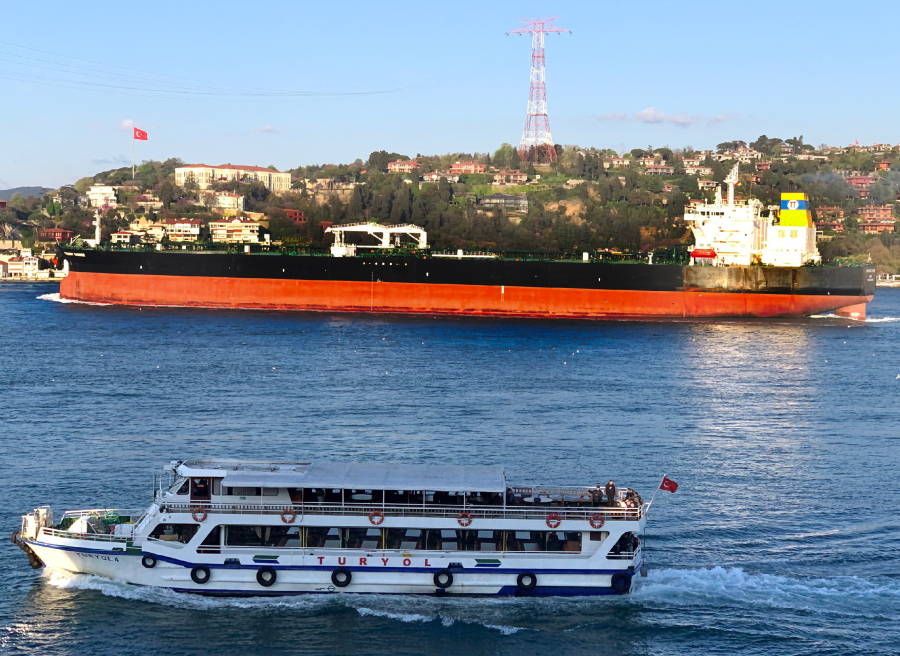 The Greek-flagged oil tanker Prudent Warrior sails past Istanbul in this 2019 photo. The ship is one of two seized by Iran's Revolutionary Guard on Friday in helicopter-launched raids in the Persian Gulf, according to officials.