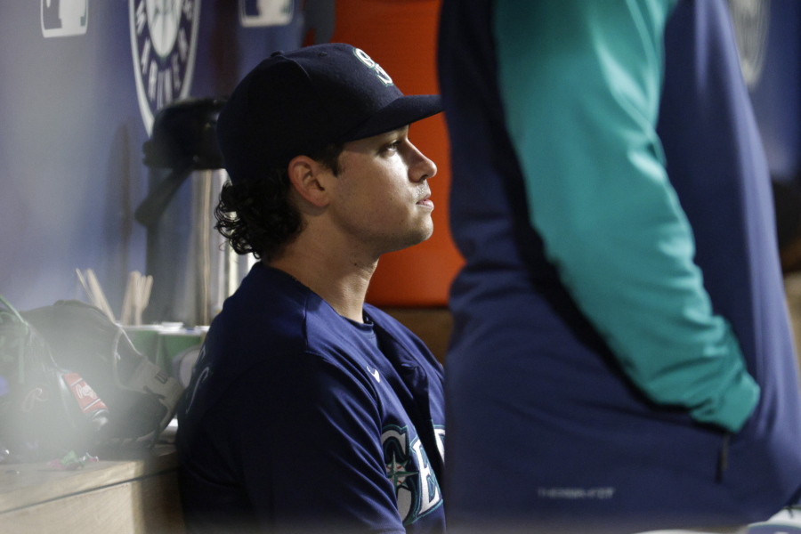 Seattle Mariners starting pitcher Marco Gonzales sits in the dugout after coming out of the baseball game during the sixth inning against the Tampa Bay Rays, Saturday, May 7, 2022, in Seattle.