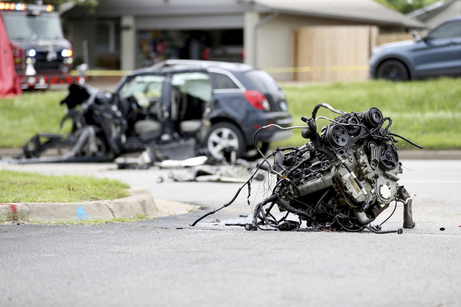 FILE - The scene of a fatality car crash, June 2, 2021, in Tulsa, Okla.  Nearly 43,000 people were killed on U.S. roads last year, the highest number in 16 years as Americans returned to the highways after the pandemic forced many to stay at home.  The 10.5% jump over 2020 numbers was the largest percentage increase since the National Highway Traffic Safety Administration began its fatality data collection system in 1975.