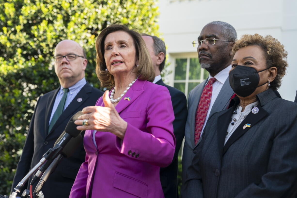 House Speaker Nancy Pelosi of Calif., with Rep. James McGovern, D-Mass., left to right, Rep. Greg Meeks, D-N.Y. and Rep. Barbara Lee, D-Calif., and other members of the Congressional delegation that recently visited Ukraine, speaks to reporters outside the West Wing of the White House following a meeting with President Joe Biden, Tuesday, May 10, 2022, in Washington.