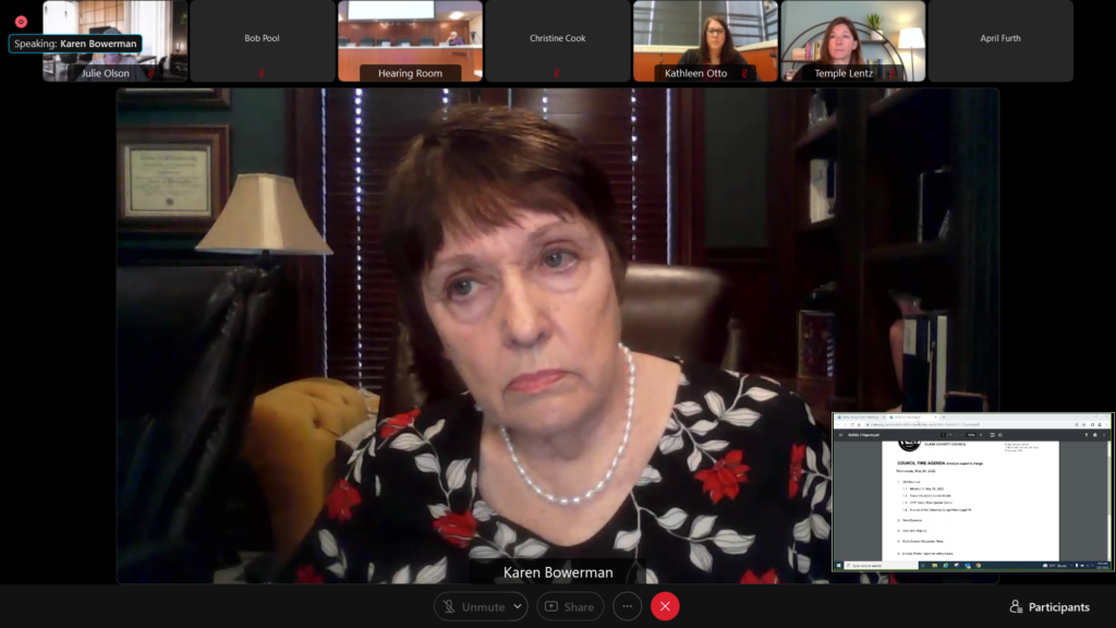 Clark County Council Chair Karen Bowerman during the May 25 council meeting (Screenshot from Webex)
