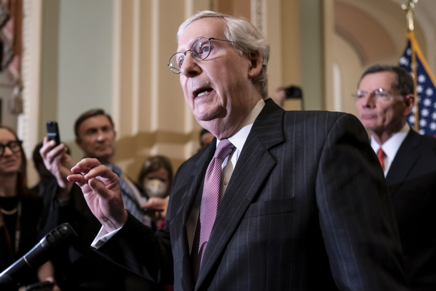 Senate Minority Leader Mitch McConnell, R-Ky., speaks to reporters ahead of a procedural vote on Wednesday to essentially codify Roe v. Wade, at the Capitol in Washington, Tuesday, May 10, 2022. (AP Photo/J.