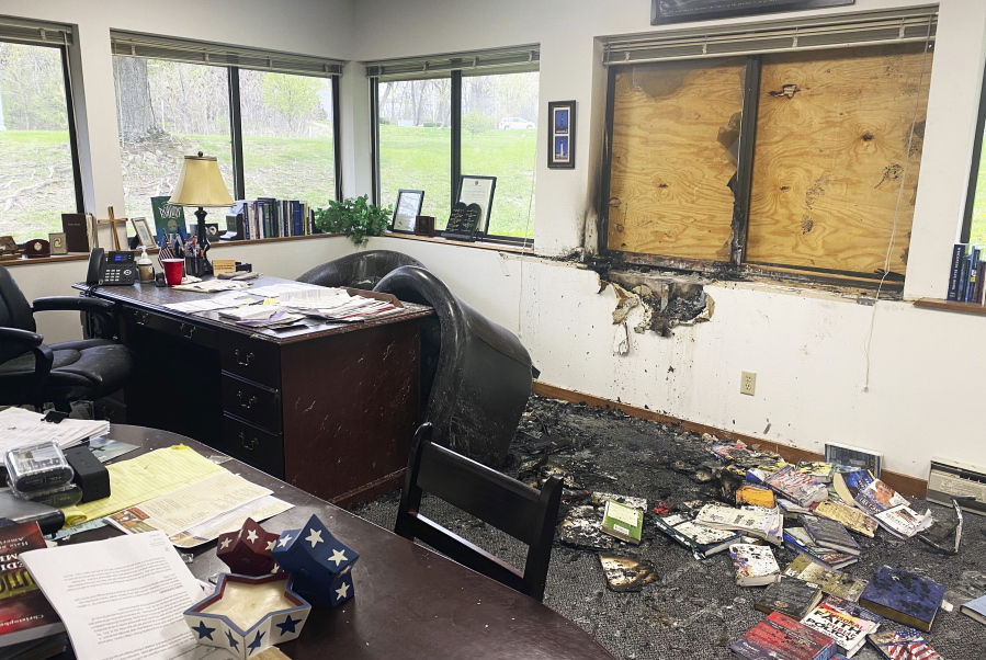 Damage is seen in the interior of Madison's Wisconsin Family Action headquarters in Madison, Wis., on Sunday, May 8, 2022. The Madison headquarters of the anti-abortion group was vandalized late Saturday or early Sunday, according to an official with the group.