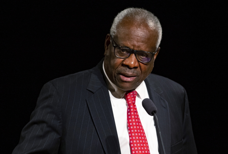 FILE - Supreme Court Justice Clarence Thomas speaks Sept. 16, 2021, at the University of Notre Dame in South Bend, Ind. Thomas says the Supreme Court has been changed by the leak of a draft opinion earlier this month. The opinion suggests the court is poised to overturn the right to an abortion recognized nearly 50 years ago in Roe v. Wade. The conservative Thomas, who joined the court in 1991 and has long called for Roe v. Wade to be overturned, described the leak as an unthinkable breach of trust.