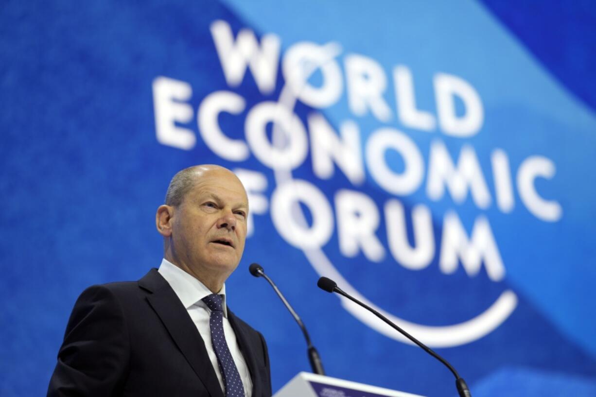 German chancellor Olaf Scholz speaks at the World Economic Forum in Davos, Switzerland, Thursday, May 26, 2022. The annual meeting of the World Economic Forum is taking place in Davos from May 22 until May 26, 2022.