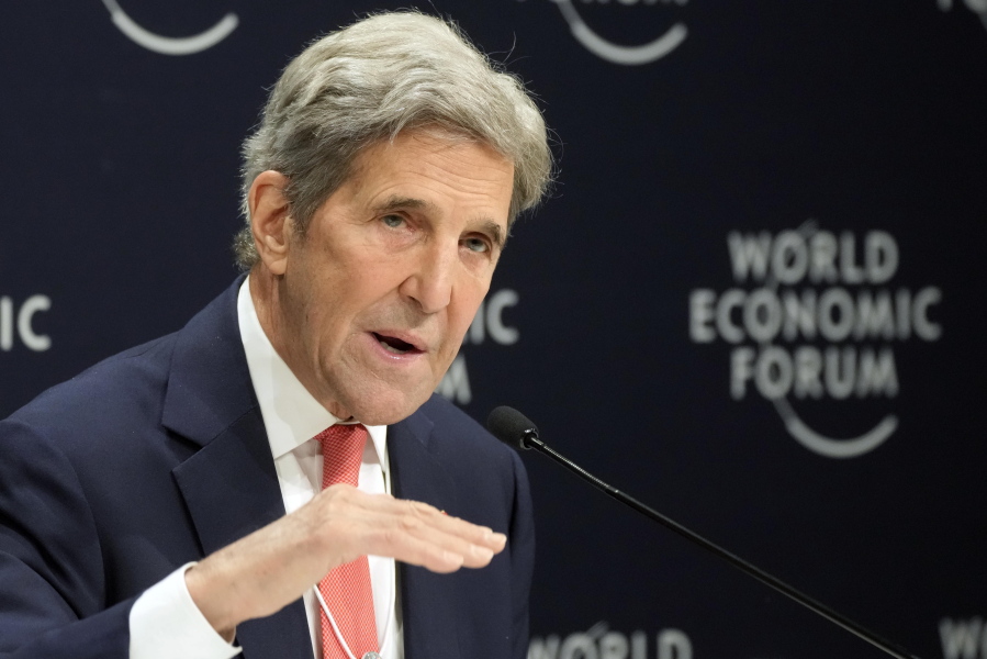 John F. Kerry, Special Presidential Envoy for Climate of the United States, gestures during a news conference at the World Economic Forum in Davos, Switzerland, Tuesday, May 24, 2022. The annual meeting of the World Economic Forum is taking place in Davos from May 22 until May 26, 2022.