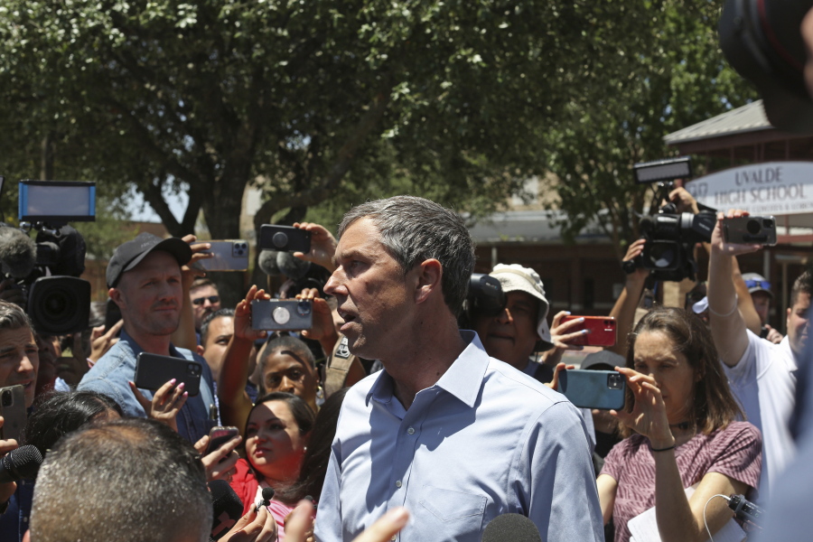 Democratic gubernatorial candidate Beto O'Rourke speaks to the press after he was kicked out for interrupting a news conference headed by Texas Gov. Greg Abbott in Uvalde, Texas Wednesday, May 25, 2022.