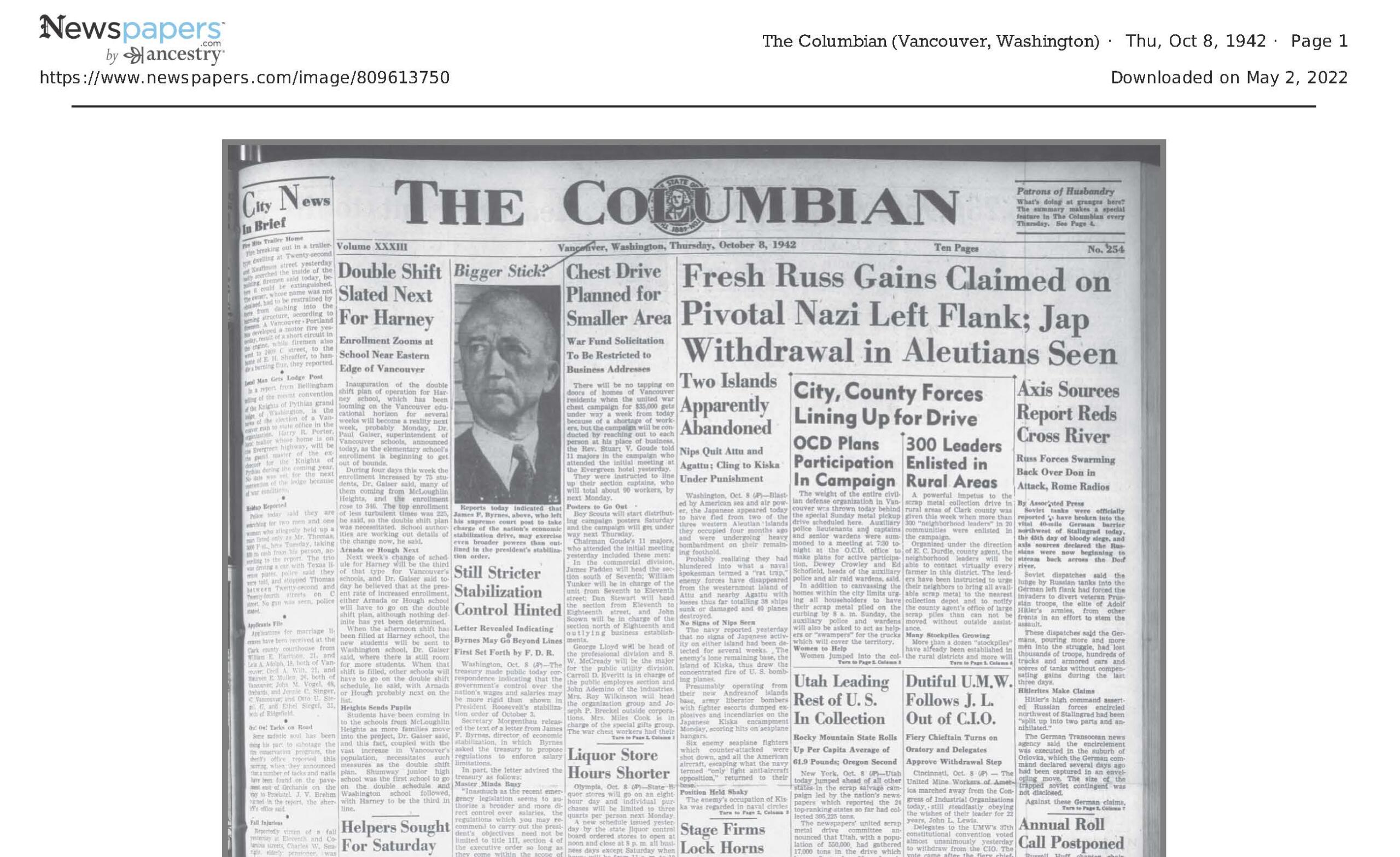 The cover of The Columbian on Oct.