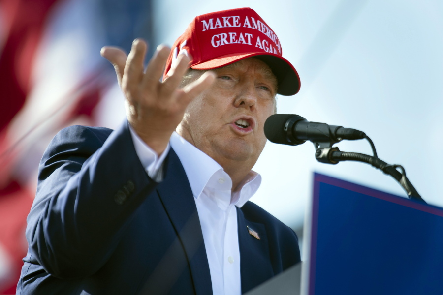 FILE -- Former President Donald Trump speaks from the podium during a campaign rally, May 1, 2022, in Greenwood, Neb. A lawyer for the New York attorney general's office said Friday, May 13, 2022, that the office is "nearing the end" of its three-year investigation into Trump and his business practices.