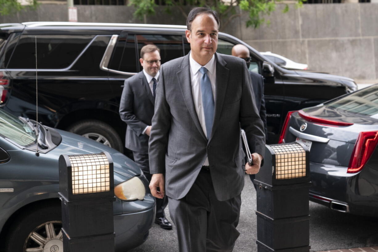Michael Sussmann, a cybersecurity lawyer who represented the Hillary Clinton presidential campaign in 2016, arrives to the E. Barrett Prettyman Federal Courthouse, Monday, May 16, 2022, in Washington. Sussmann is accused of making a false statement to the FBI during the Trump-Russia probe.