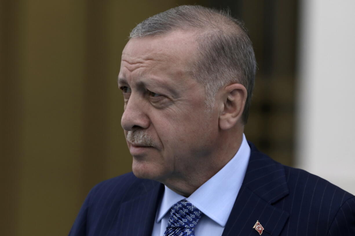 Turkish President Recep Tayyip Erdogan arrives for a welcoming ceremony for his Algerian counterpart, Abdelmadjid Tebboune, in Ankara, Turkey, Monday, May 16, 2022.(AP Photo/Burhan Ozbilici)